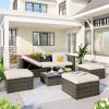 Patio Furniture Sets;  5-Piece Patio Wicker Sofa with Adustable Backrest;  Cushions;  Ottomans and Lift Top Coffee Table - Beige