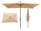10 x 6.5t Rectangular Patio Solar LED Lighted Outdoor Market Umbrella with Crank and Push Button Tilt for Garden Shade Swimming Pool Light Brown RT -