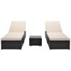 Outdoor Garden 3 Piece Wicker Patio Chaise Lounge Set Adjustable PE Rattan Reclining Chairs with Cushions and Side Table. - Brown