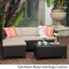 Lorita Outdoor 5-piece Dark Brown Wicker Sectional Sofa Set with Beige Cushions - as Pic
